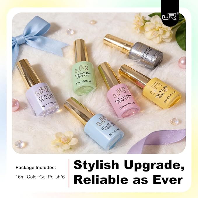 JR Gel Nail Polish Set, 16ml Full Size Bottle 6 Colors Macaron Silver 9D Cateye Nail Gel Polish Gift Soak Off Led Nail Art Kit Salon DIY Colorful Bottle C
