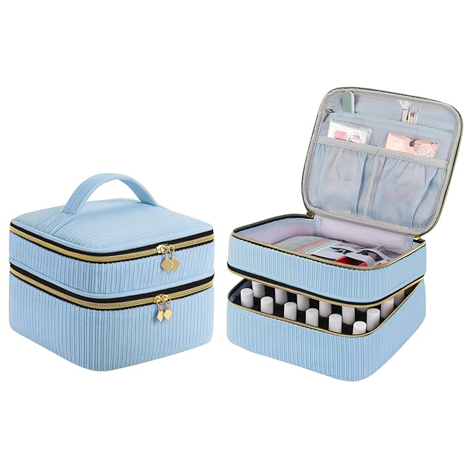 Nail Polish Organizer- Holds 30 Bottles, Nail Organizers and Storage Double-Layer Nail Bag Organizer Case Nail Polish Holder with Handle, Nail Kit Organizer for Manicure Tools (Blue)