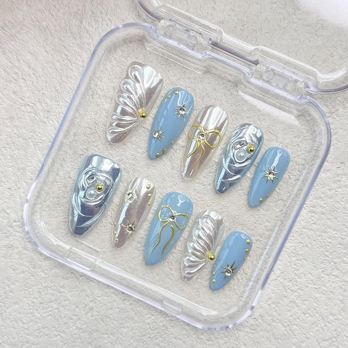 Handmade Press on Nails Medium Almond Fake Nails with Glue,Luxury Rhinestone ＆ 5D Bow Art Blue Press ons Muti-Layer Gel Handmade False Nails for Women (Size S)