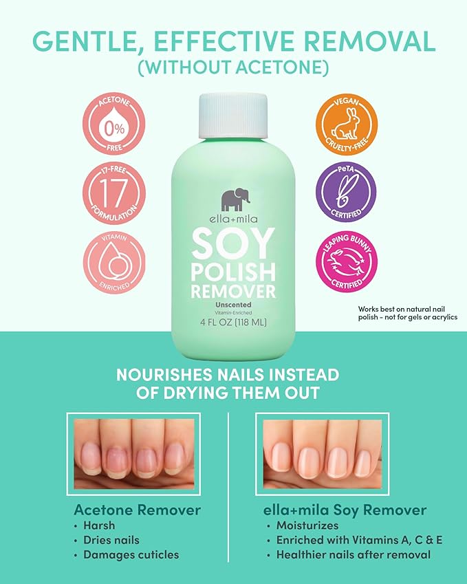 ella+mila Soy Nail Polish Remover – Unscented, Non-Acetone, Non-Toxic Fingernail Polish Remover for Natural Nails – Gentle, Vegan Formula Enriched with Vitamins A, C & E (4 fl oz)