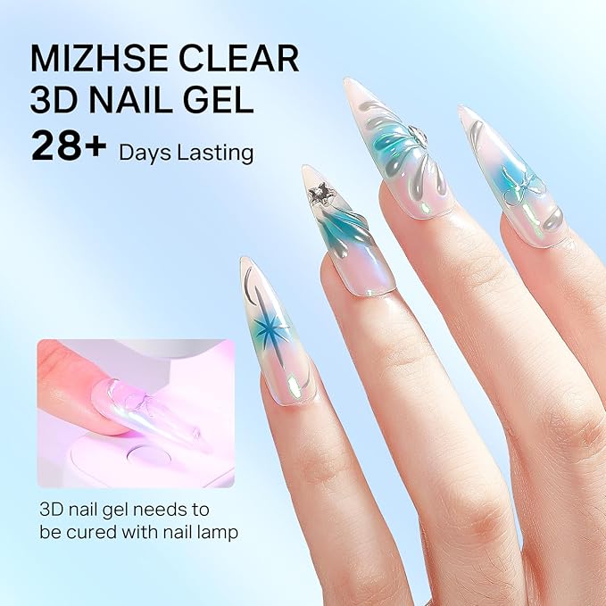 MIZHSE 3D Gel Nail Art, Sculpting Gel Glue 15g for Molding, Drawing, Charms & Gems, Chrome Powder, Rhinestone Design, Clear No Wipe Nail Polish for DIY Winter Christmas Nail Art, Lamp Curing Needed