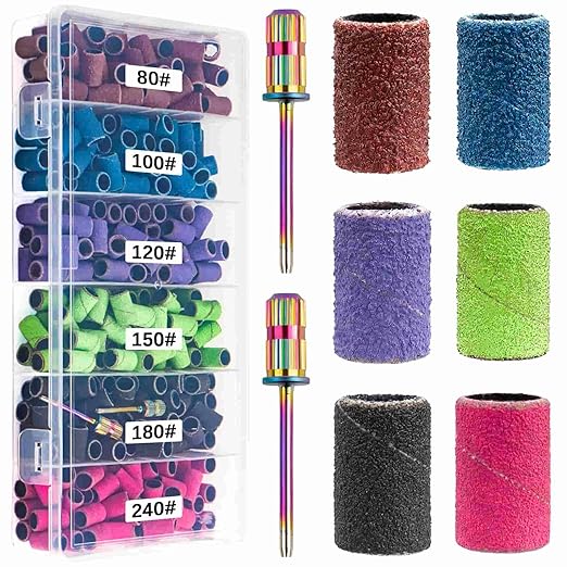 Sanding Bands for Nail Drill,300Pcs Nail Sanding Bands 80#100#120#150#180#240#Different Grit with 3/32Inch Mandrel Nail Drill Bits