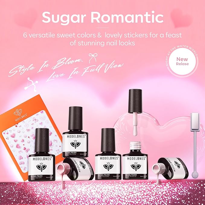 Modelones Gel Nail Polish Set, 6 Colors 2026 Spring Easter Pastel Nude Pink Milky White French Jelly Gel Polish Pearl Hot Pink Glitter Heart Cat Eye Nail Gel Polish LED DIY Gift with Stickers & Magnet