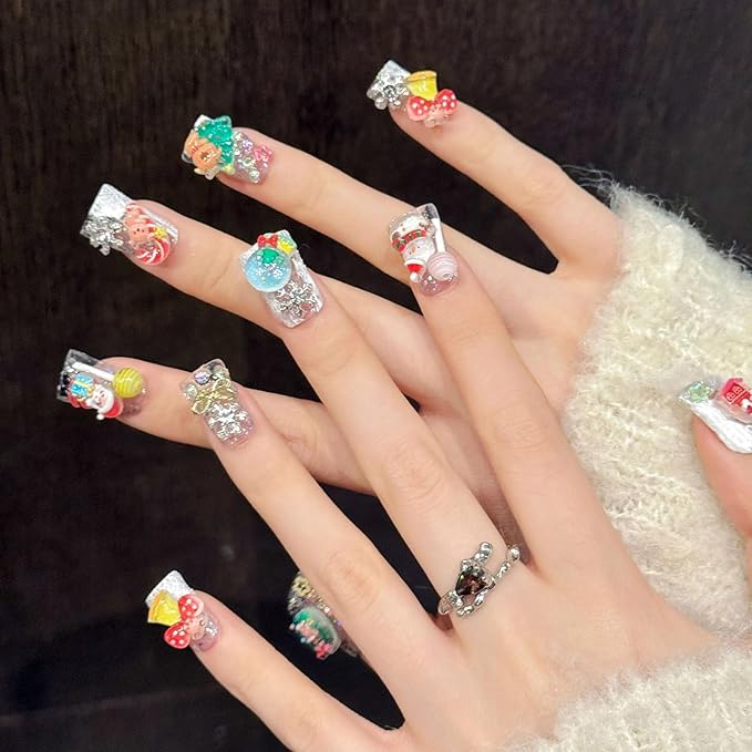 10Pcs Cute Christmas Press on Nails Handmade Duck Fake Nails with 3D Christmas Cartoon Design Medium False Nails Handmade Acrylic Nails Press ons Xmas Artificial Glue on Nail for Women (M)