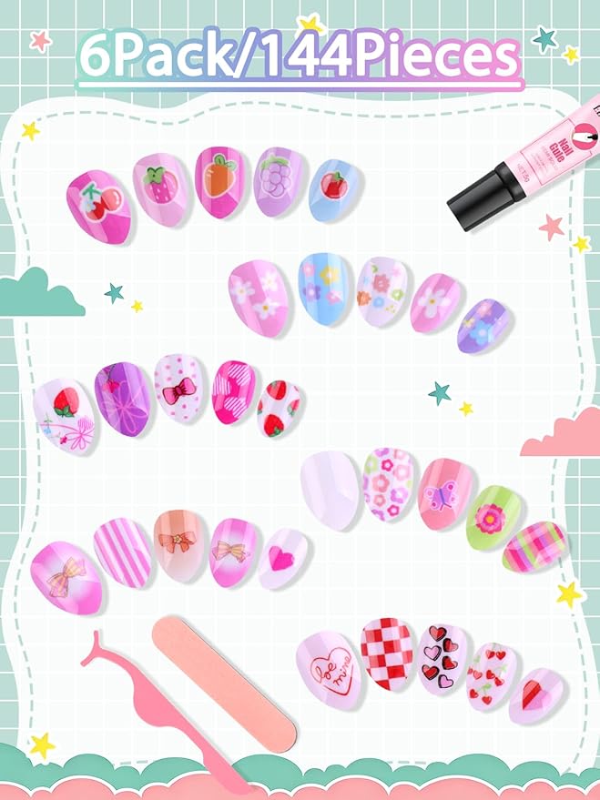 EBANKU 144 Pcs Press on Nail for Kids, Flowers Pattern Fake Nails for Kids Colorful Press on Nail Short Artificial False Nail Kits for Nail DIY
