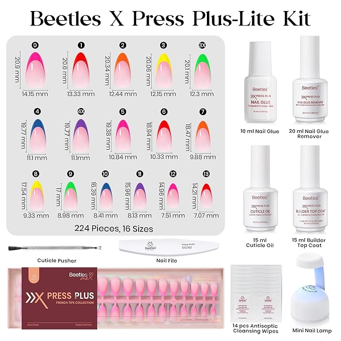Beetles X Press Gel Nail Kit: 7 Colors Short Almond French Tip Press On Nails Kit With 224Pcs Nail Tips Nail Glue & Builder Top Coat Mini UV Light, All-in-One DIY Designs Gift For Women At Home