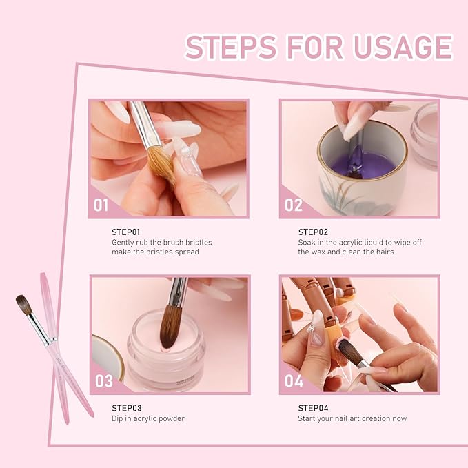 Acrylic Nail Brush Size 14, 100% Pure Kolinsky Nail Brush for Acrylic Application, Professional Nail Extension Manicure Tool Nail Drawing Pen for DIY Home Salon(Pink)