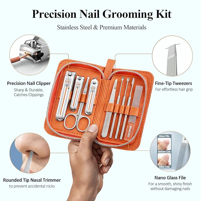 9-in-1 Manicure and Pedicure Kit for Men & Women, Travel Nail Clipper Set with Stainless Steel Tools & Glass Nail File, Portable Grooming Kit in PU Leather Case, Personal Care Gift
