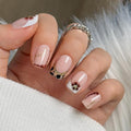 CurvLife Soft Gel Press On Nails Short Square, Salon Quality Nude Pink French Tip with Floral Leopard Accent, Reusable Glue On Nails Kit with Glue & Tabs, Stick On Nails for Women At-Home Manicure