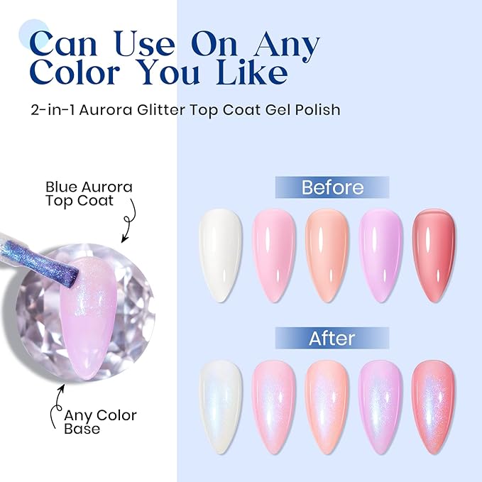 MIZHSE Pearl Sparkly Glitter Gel Nail Polish Blue Mermaid Aurora Shimmer Soak Off UV LED Nail Gel Polish For Nail Art Home DIY, 10mL 0.33 Fl oz