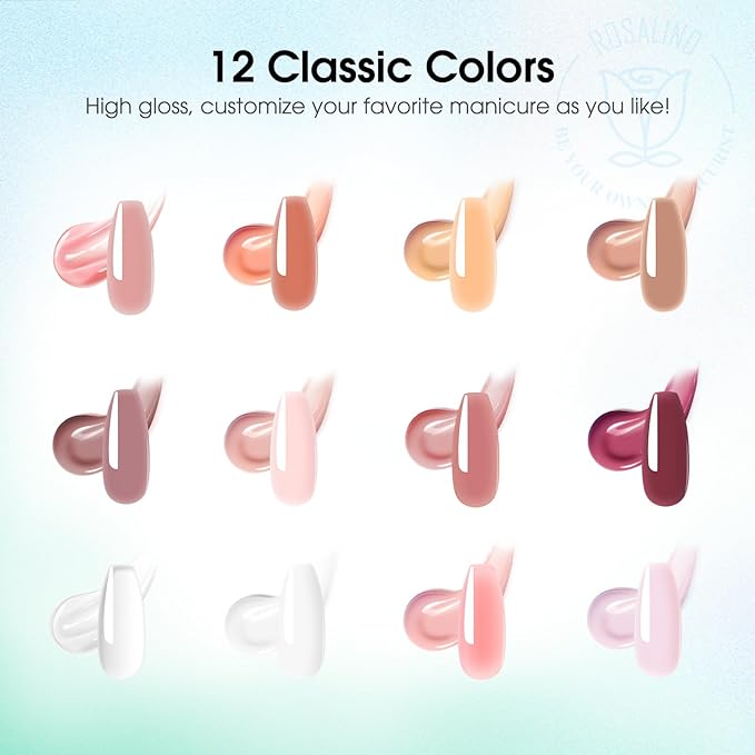 ROSALIND Pink Poly Nail Gel Kit -12 Colors + Nail Art Accessories Kit Nude Shades Poly Nails Gel Starter Kit with Slip Solution All Seasons Classic Colors Nails Extensions Set with Mini UV Lamp