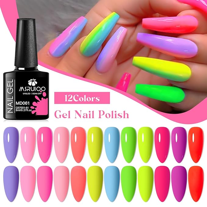 12PCS Bright Gel Nail Polish Kit - Purple, Pink, Green, Rainbow - All Season Fun DIY Manicure Kit