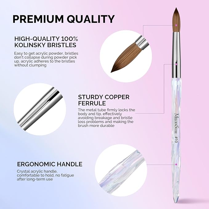 MelodySusie Kolinsky Acrylic Nail Brush, 100% Pure Kolinsky Hair, Professional Nail Brush for Acrylic Powder Nail Extension and 3D Nail Carving, for DIY Home Salon, Size 10