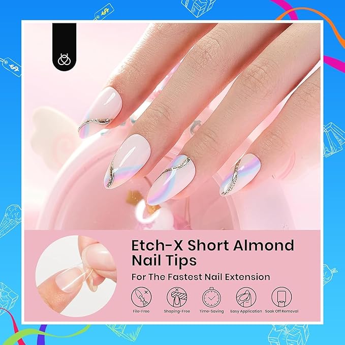 Beetles Soft Gel Nail Tips Short Almond 288pcs in 12 Sizes, Etch-X Pre-Etched Full Cover Acrylic Fake Nails Art, Salon Quality Nail Supplies, Easy DIY Nail Extension or Press On Nails, Gift for Women