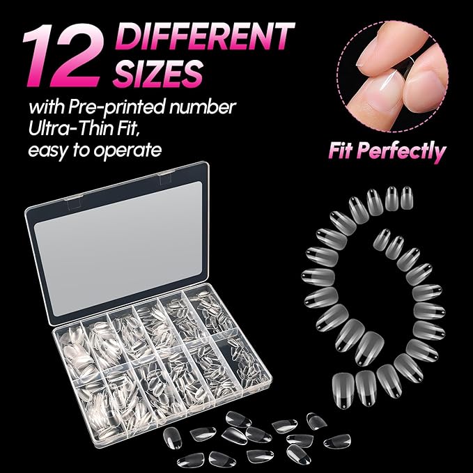 AIMEILI Short Oval Acrylic Nail tips Fake Nails, Pre-shape 504pcs Round Soft Gel Nail Tips Press on Nails for Full Cover False Nails 12 Sizes