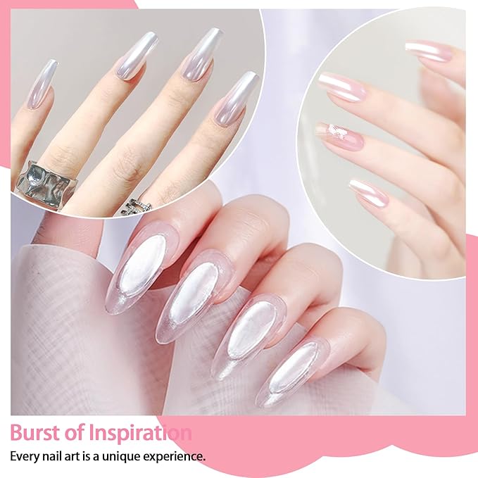 Allstarry White Pearl Chrome Nail Powder, 2pcs Iridescent Aurora Powder Metallic Mirror Effect Glitter Pearlescent Ice Transparent Mermaid Pigment Dust for Gel Polish Nail Art Decoration