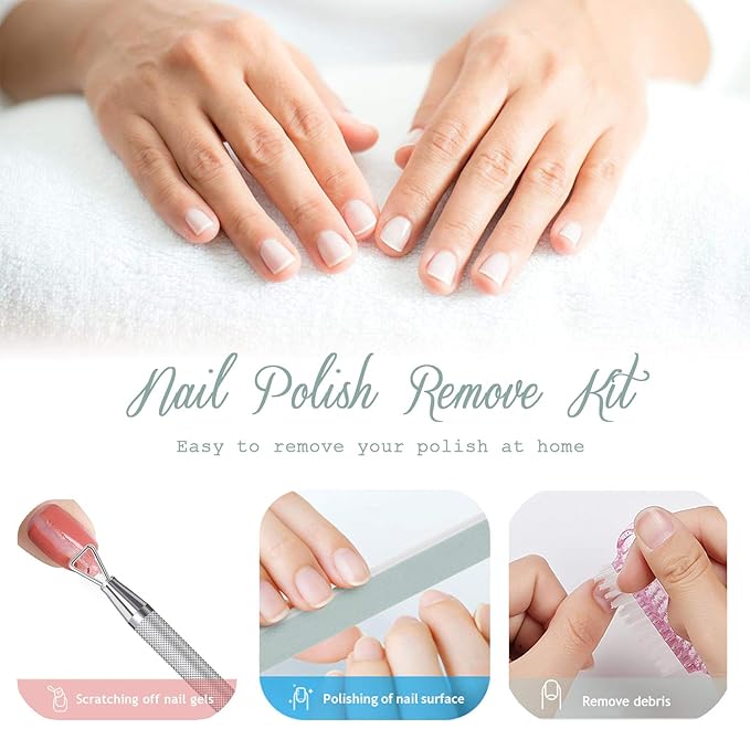 Nail Polish Gel Remover Tools Kit, Soak Off Cap Clip, 200ml Dispenser Bottle, UV Gel Polish Cuticle Pusher, 600 PCS Cotton Pads, Handle Brushes, 100/180 Nail File, Buffer Block, Finger