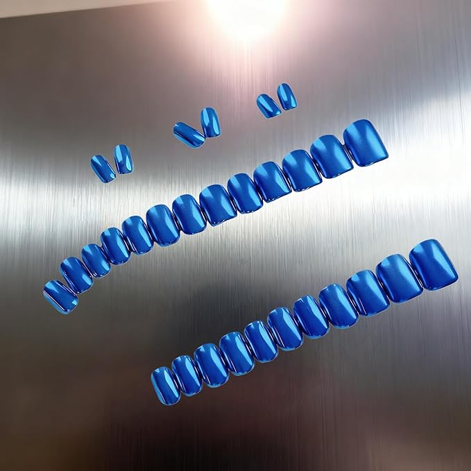 Chrome Press on Nails Short Square, Metallic Royal Blue Fake Nails with a Sparkle Mirror Finish, Glitter Glue on Nails for Women Birthday Party, Thick Quality Soft Gel Nail Press ons 30 Pcs