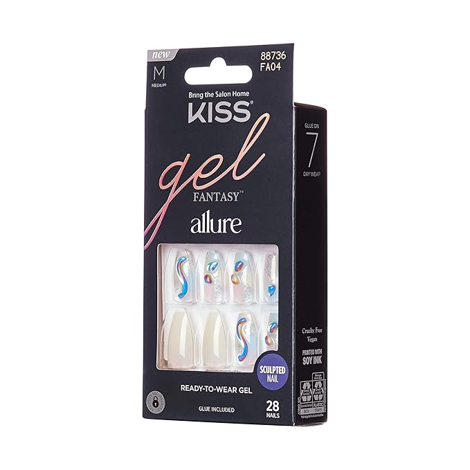 KISS Gel Fantasy Allure Press On Nails, Ready to Wear, 3D Design, Waterproof, Pink Gel Nail Glue 0.07 Oz. (2g), Manicure Stick & Mini File, 28 Count