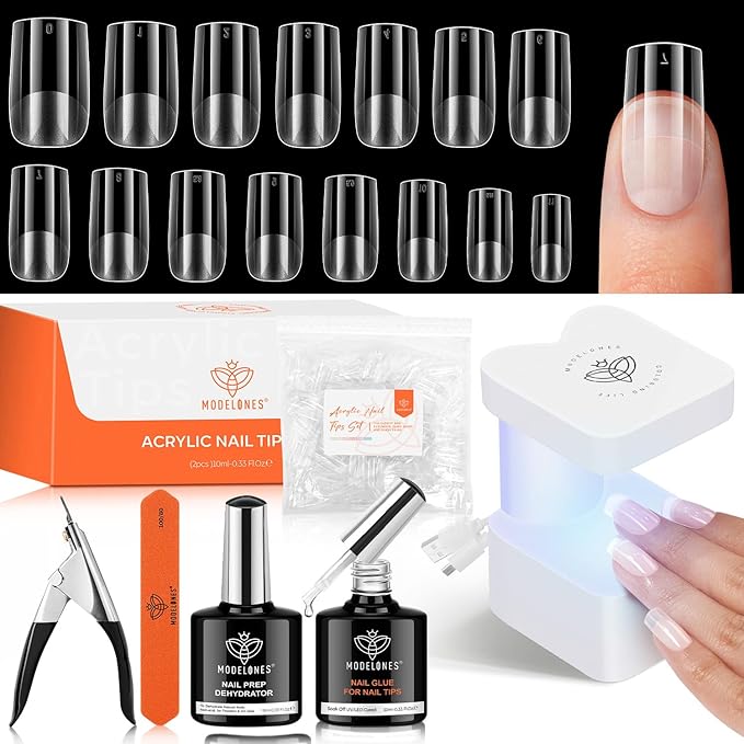 modelones X Nail Gel Kit, Upgrade 15Sizes Gel Nail Tips Short Square, 9-in-One Glue Prep Dehydrator & Portable Led Lamp, 510Pcs Pre-shaped Square Press On Extension Kit DIY Salon Home Gift for Women