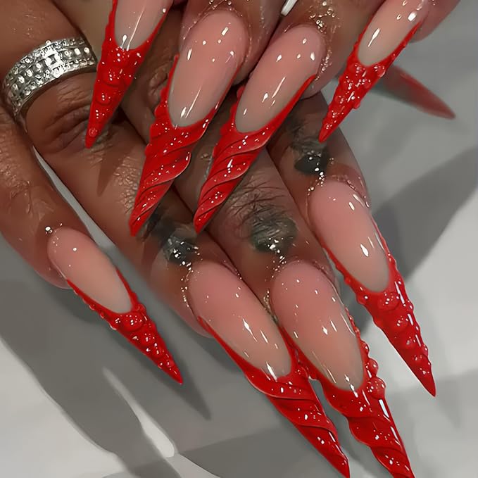 Long Press on Nails Stiletto Fake Nails Red French Artificial Nails with 3D Water Droplets Designs Extra Long Glossy Cute Stick on Nail for Women 24pcs