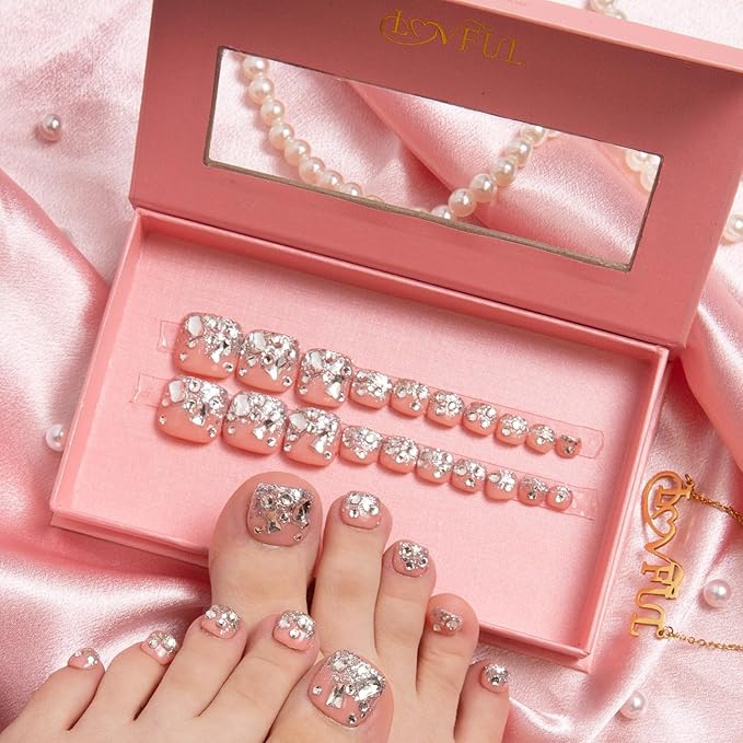LOVFUL Press on Toenails Silver Wind | 20 PCS Free Size Toe Nails | Reusable Fake Nails for Toe | T126