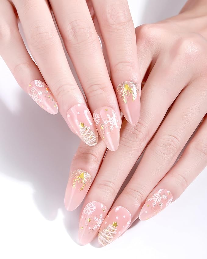 20pcs Christmas Semi Cured Gel Nail Strips - Salon-Grade DIY Wraps with Glaze Texture, Easy Application, UV Light Required for Festive Nails(Pink Gold Christmas Dreamy Nail)