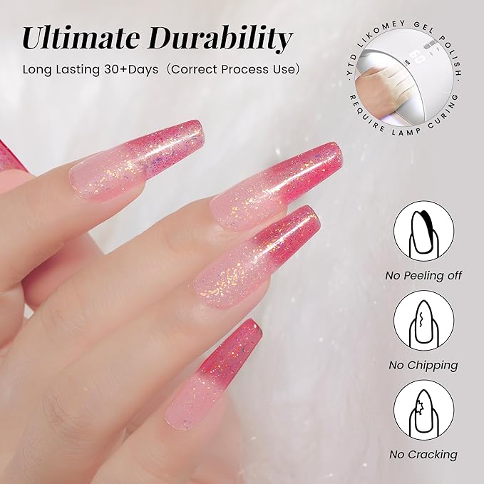 YTD Likomey Color Changing Gel Nail Polish,Brocade Glitter 15ml Light Pink To Peach Red Shimmer Glitter Mood Temperature Change Colors Iridescent Flakes Fall Winter Ombre Thermal UV Nail Gel,WB341