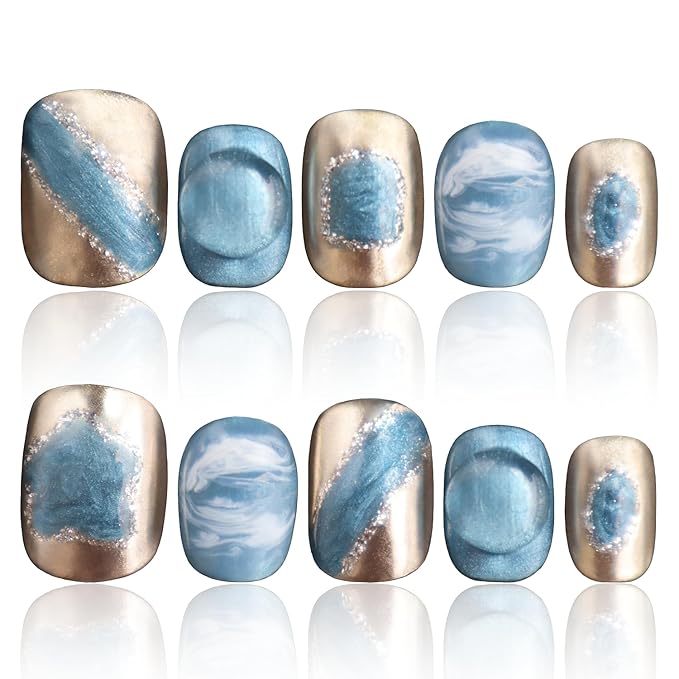 Handmade Nails Blue 3D Press On Nails Acrylic Press Ons Short Handmade Natural Nails Durable Press On Nails Ladies Gifts COOLYOUNG False Nails, 10 PCS, Size L