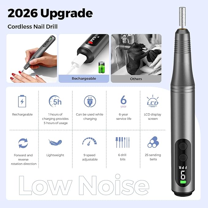 Electric Nail Drill Kit, Electric Nail File Cordless Nail Drill Machine for Acrylic Gel Dip Powder Nails, Professional Portable Manicure Pedicure Rechargeable Lightweight for Home Salon Use