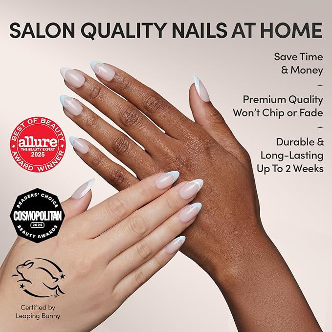 Glamnetic x Hello Kitty® and Friends Press On Nails - Cinnamoroll™ French Tip | Short Almond Blue 3D French Tip Graphic Fake Nails in a Glossy Finish | 15 Sizes - 30 Nail Kit with Glue