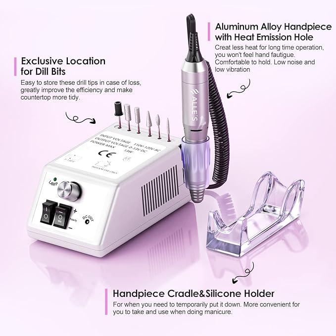 Professional Nail Drill Machine 20000RPM Efile Electric Nail Filer Kit for Finger Toe Nails, Acrylic Gel Nails Manicure Pedicure, with 6Pcs Nail Bits and 106Pcs Sanding Bands - White
