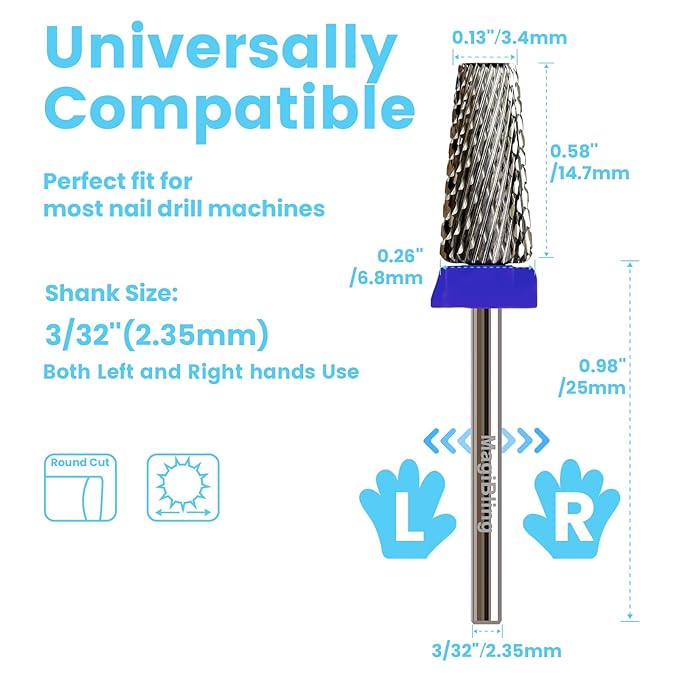 6.6mm Large Tapered Barrel 5-in-1 Nail Drill Bit, 3/32" Safety Cross-Cut Tungsten Carbide Efile Bit for Fast Gel & Acrylic Removal, Two-Way Rotation, Professional Nail Tech & Beginner Bit, Medium.