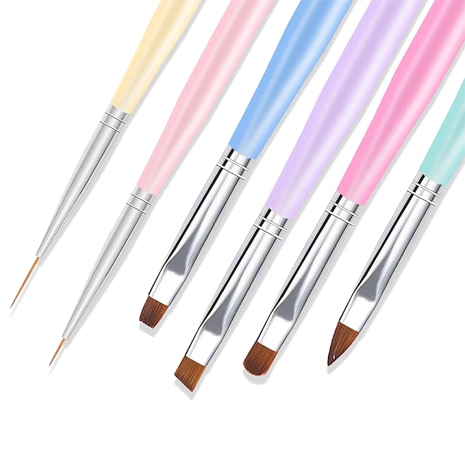Nail Art Brushes, 6Pcs Nail Art Painting Tools with Nail Art Fine Liner Brush, Nail Design Painting Brushes Set, Builder Gel Brush, Nail Dotting Pen for Gel Polish Manicure Salon DIY, Multicolor