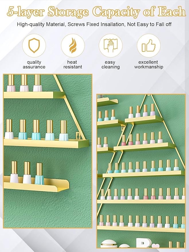 EBANKU 10PCS Nail Polish Racks 5 Tiers Nail Polish Shelf for Wall Triangular Display Rack Cosmetic Display Cases Lipstick Perfume Wall Shelf Essential Oil Organizers for Home Spa Nail Salon Shop(Gold)