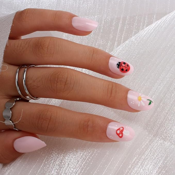 evpct Baby Pink Press on Nails Medium Oval, Glossy Artificial 3D Fake Nails Kit with Design, Spotted Ladybug & Butterfly & Mushroom & Flower, Stick on Nails with Nail Kit, Reusable Stick on Nail Kit