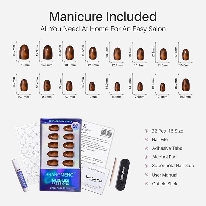 Tortoise Shell Press on Nails Short - SHANGMENG Soft Gel Oval Press on Nails for Women, Seamless Fit & Glossy Glue on Nails 16 Sizes - 32 Reusable Fake Nails Kit with Glue, Amber Memory