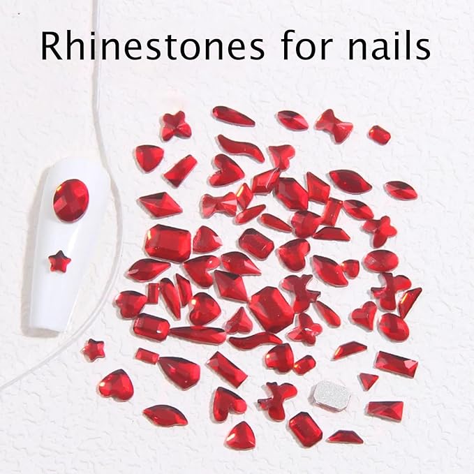 Red Nail Rhinestones Kit, 18 Types of 900 Special-Shaped Nail Diamonds + 3200 Flat-Bottomed Nail Rhinestones, 3D Nail Crystal Rhinestones for Nail Art DIY Decorations
