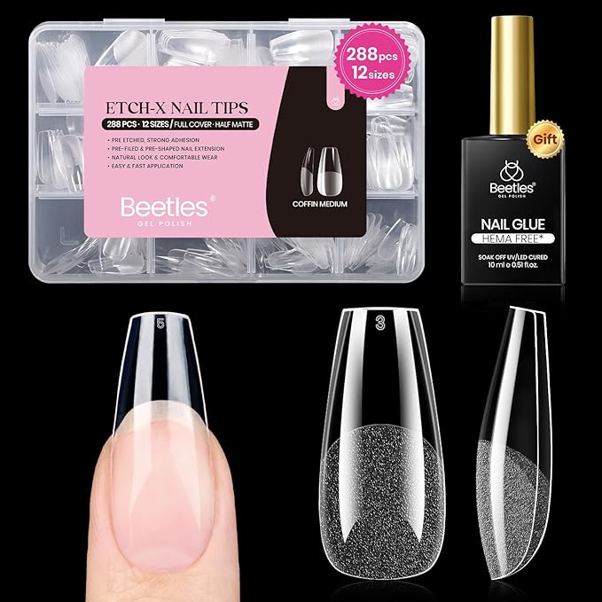 Beetles Gel Nail Kit Etch-X, Coffin Medium, 288pcs 12 Sizes Nail tips, with 10ml Hema-Free Nail Glue Gel, for Acrylic and Clear Press On Nail, Pre-Etched Half Matte Extension Set for Home DIY