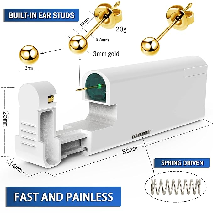 KAIQIKAIXI 18Pcs Ear Piercing Kit Automatic And Painless Ear Nail Gun Disposable Aseptic Household Ear Piercing Gun Portable Ear Piercing Gun Group Ear Piercing Tools (3mm, Golden)