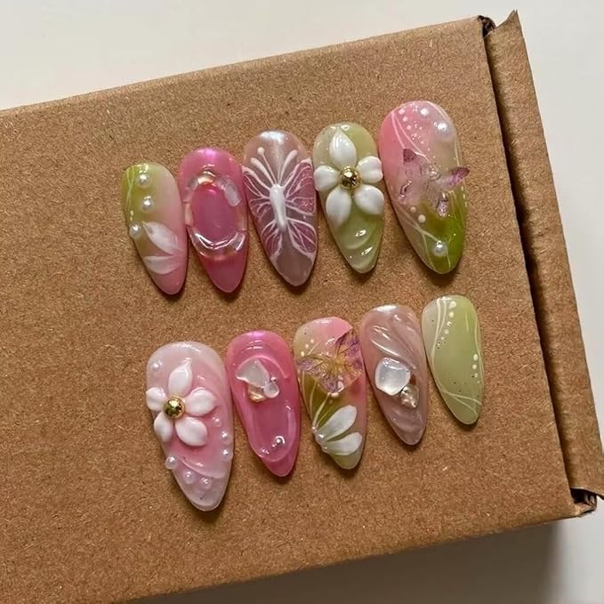 Press On Nails - Medium Almond Handmade Unique Fake Nails, Green and Pink Pairing, Thick Acrylic and Muti-Layer Gel False Nails, Reusable Gel Cured Sturdier 3D Fake Nails, DIY Art Decorate (Size M)