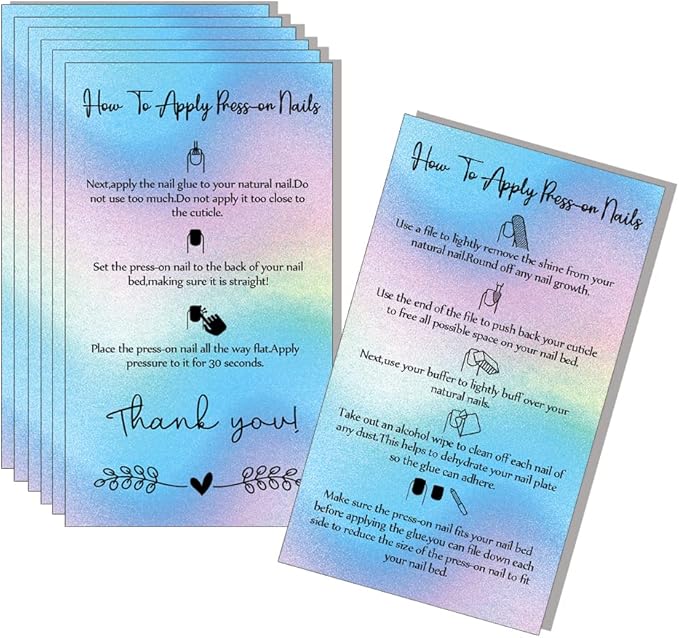 Press-On Nail Application Instructions Cards, Aftercare Instructions Cards, 50 Pack 2 x 3.5'' inch Business Card Size, DIY Press-On Nail Kit, White (0406038)