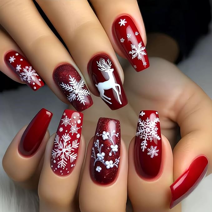 Christmas Press on Nails Medium Square Fake Nails with Snowflake Elk Designs Red Xmas False Nails Winter Stick on Nail for Women 24 Pcs