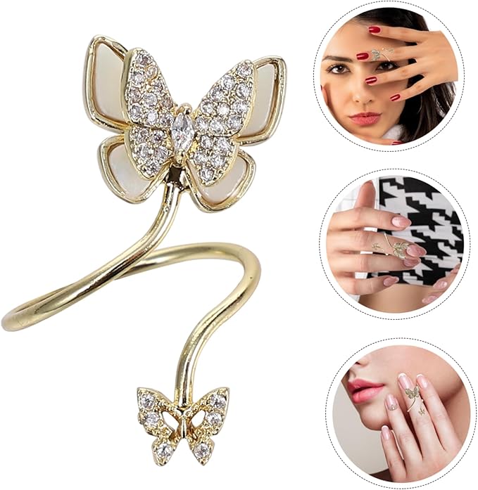Butterfly Ring Sterling Silver Nail Art Decoration with Rhinestones Adjustable Finger Nail Ring for Women Stylish Charm Jewelry for Parties Weddings and Daily Wear