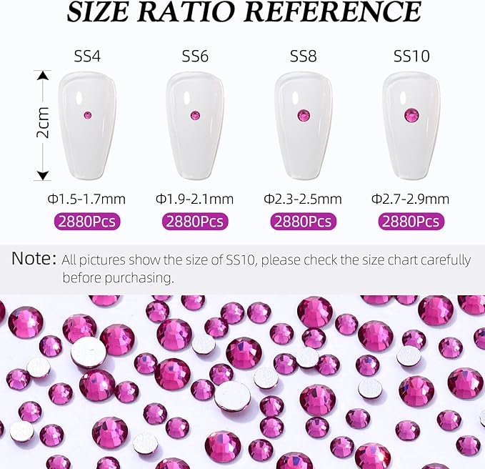 Fuchsia Flatback Rhinestones, Glass Rhinestones for Nail Art and Craft, Glue Fix, Loose Crystal Gemstones(Fuchsia, SS8, 2880pcs, 2.3-2.5mm)