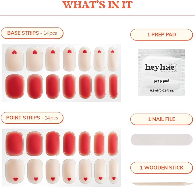 Heyhae Semi Cured Gel Nail Strips | No LED Lamp Needed | Solid, Red | Easy Apply & Remove, Salon Quality | Includes 28 Strips, 1 Prep Pads, Nail File & Wooden Stick - Hey, Thinking About You