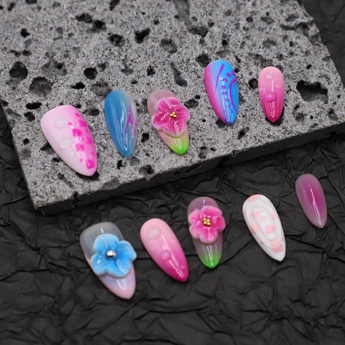 Handmade Almond Press on Nails Thick Fake Nails with Water Droplet Pattern Designs Medium Length Acrylic Nails with Glue,Flower Art Nature Stick on Nail False Nails for Wome (Size S)