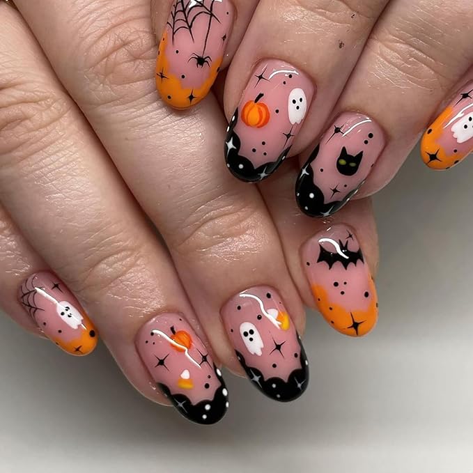 Halloween French Tip Press-on Nails With Cute Ghost & Pumpkin Pattern - Yellow and Black Acrylic Full Cover Almond Nails for Women - 24Pcs