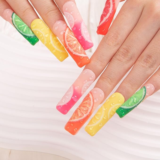 LOVFUL Press on Nails Lemonade| Handmade with Full Covered Crystals| Reusable Fake Nails| Square Mid length 1.7in| H185-S