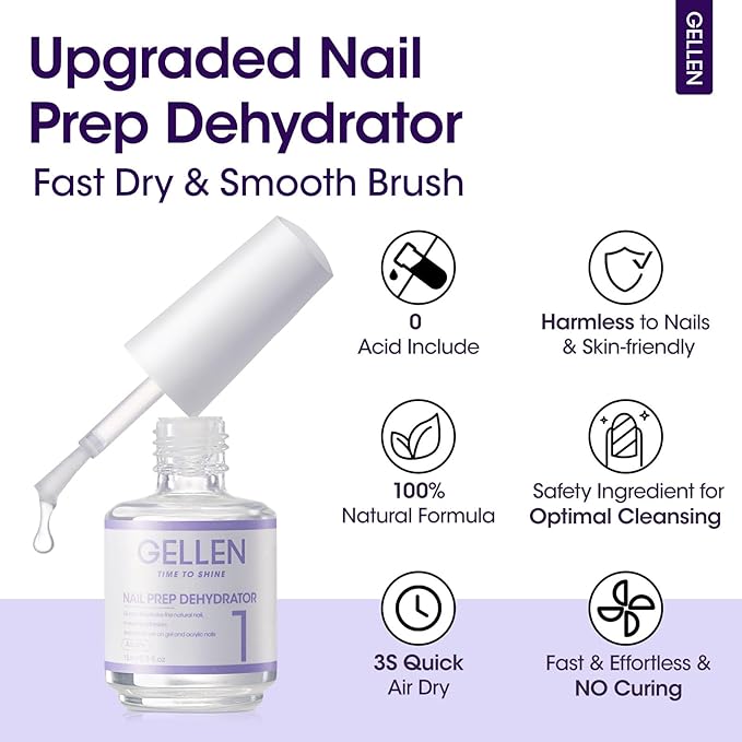 GELLEN Nail Dehydrator for Acrylic and Gel Nail Polish Prevent Lifting, 15ml Acid-Free Nail Prep Dehydrator Base Varnish Manicure Bonder Liquid for UV Gel Supplies Set Home Salon Use